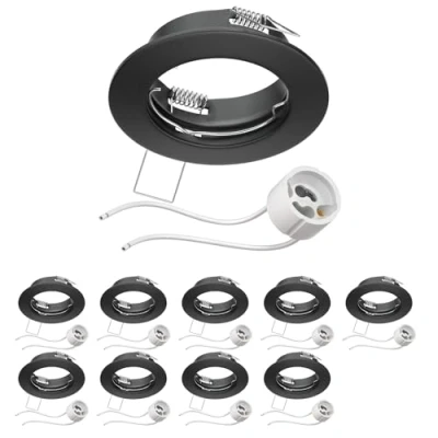 Immagine di ledscom.de 10 pezzi cornice da incasso a soffitto FERE nera opaca (LED/alogena/GU10/MR16/PAR16/50mm) incl. presa GU10