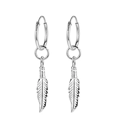 Immagine di orecchini a cerchio in Argento 925 con ciondolo forma di piuma, pendenti da donna sterling, senza pietra, pietra
