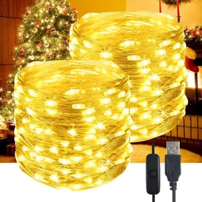 Immagine di YIFMOO Catena di luci a LED USB, 10 m, 100 LED, impermeabile, con interruttore, micro filo rame, per esterni e interni, fai da te, Natale, stanza, feste, matrimoni, bianco caldo (2 pezzi)