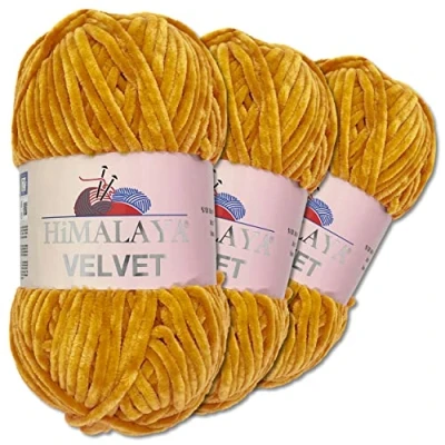 Immagine di Wohnkult Himalaya Velvet Dolphin Gomitolo di lana per lavorare a maglia, ciniglia soffice, accessori, indumenti e coperte, 40 colori scelta, 3 pezzi da 100 grammi l’uno (90030 color senape)