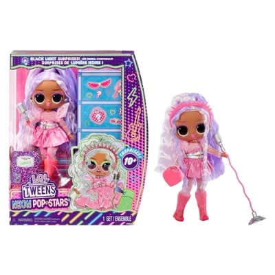 Immagine di L.O.L. Surprise! Tweens Neon Pop Stars Kitty K 1 Bambola Fashion, con Sorprese Fluo e 10+ Vestiti da Star Accessori, Supporto per Microfono retrò Incluso, età 4+