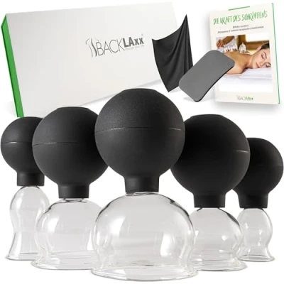 Immagine di BACKLAXX® Set di Coppettazione in Vetro con Aspirazione Silicone 5 Bicchieri Per Massaggio Anticellulite e Antirughe Raschietto Fasce Incluso Viso, Corpo Muscolari