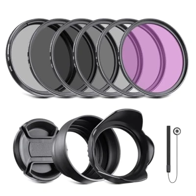 Immagine di NEEWER 58mm ND2 ND4 ND8 UV CPL FLD Kit di filtri e accessori per lenti con copriobiettivo a scatto, paraluce forma tulipano, pieghevole in gomma, custodia