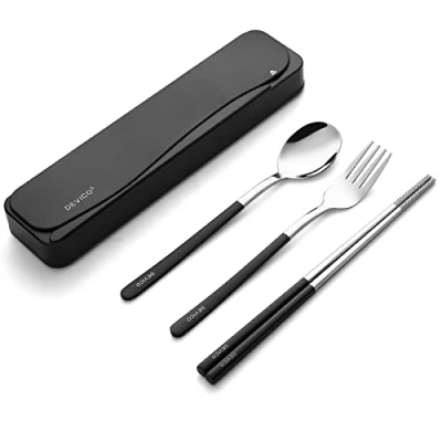 Immagine di DEVICO Posate da Viaggio, Acciaio Inox 18/8, 4 Pezzi Campeggio con Forchetta, Cucchiaio, Bacchette e Custodia (Nero)