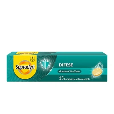 Immagine di Supradyn Difese Integratore Multivitaminico con Vitamina D3, C, Zinco, Immunitarie Adulti, Multivitamine per Sistema Immunitario, 15 Compresse Effervescenti Gusto Arancia