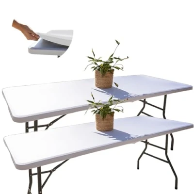 Immagine di 2 Copritavoli Rettangolari con Elastico Resistenti all&#039;acqua 182x76, Tovaglia Bianca da Esterno, Resistente al Vento, Ideale per Giardino, Picnic e Feste, Copritavolo Elastico, in Tessuto Resistente.