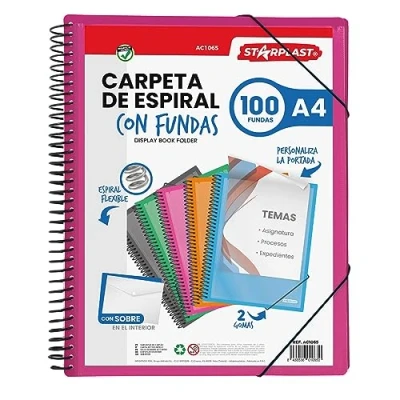 Immagine di Starplast Cartella buste Spirale Flessibile 100 trasparenti, A4, chiusura elastica, copertina in polipropilene, personalizzabile, per uso scolastico e ufficio colore Rosa