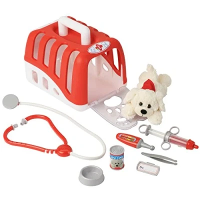 Immagine di Theo Klein 4831 Valigetta da veterinario, Resistente trasportino con cane coccolare, Include stetoscopio, siringa, termometro e molto altro. I Dimensioni: 24 cm x 18,5 16,5 cm, Giocattoli per bambini dai 3 anni in su