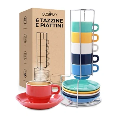 Immagine di Set di 6 Tazzine da Espresso con Supporto e Piatti Inclusi Impilabili Lavabili in Lavastoviglie Ceramica Colorata 75 ml