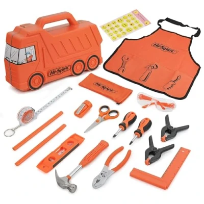 Immagine di Hi Spec Kit di Attrezzi da 17 Pezzi Bambini con Cassetta degli Arancione a Forma Camion, Grembiulino Tasche, Occhiali Sicurezza, Livella