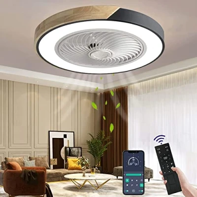 Immagine di Wildcat Ventilatore da soffitto in legno illuminazione a LED, plafoniera ventola invisibile dimmerabile con telecomando, lampada silenziosa timer, per soggiorno