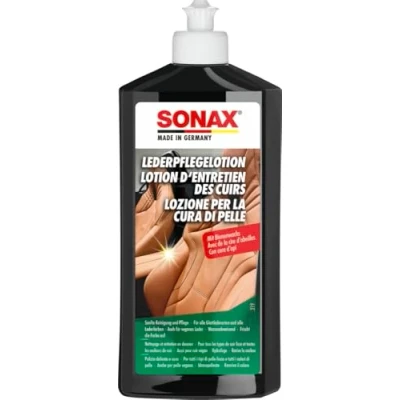 Immagine di SONAX Lozione per la cura della pelle (500 ml) pulisce le pelli lisce di ogni colore, rende morbida + ravviva i colori, con cera d&#039;api, protezione UV Art. N. 02912000 820