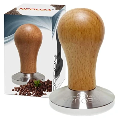 Immagine di NEOUZA Pressino per caffè espresso da 58 mm con manico in legno e base piatta acciaio inox. Adatto macchine del gruppo E61