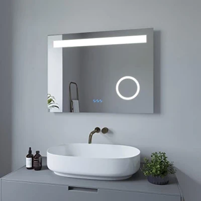 Immagine di AQUABATOS Specchio da bagno con illuminazione, 80 x 60 cm, illuminazione a LED, interruttore touch, dimmerabile, colore bianco freddo 6400 K, caldo 3000 riscaldamento specchio, IP44,