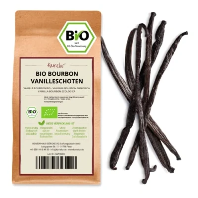 Immagine di Baccelli interi BIO Bourbon Vaniglia 1x5 pezzi da 15 a 17 cm di lunghezza vera Vanilla del Madagascar confezionata in un imballaggio ecologico