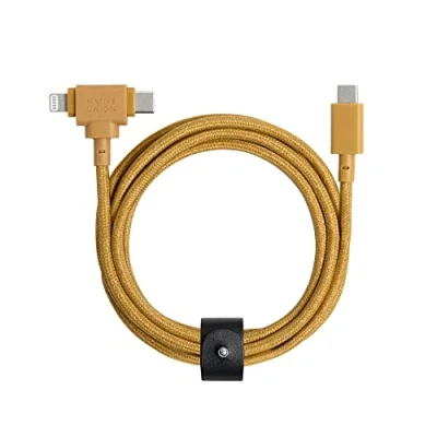 Immagine di Native Union Belt Cable Duo Cavo di Ricarica Intrecciato Universale Ultra Resistente 1,5 M Materiali Riciclati Connettore 2 in 1 Certificato MFi per Dispositivi Lightning e USB C (Kraft)