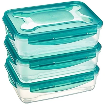Immagine di Amazon Basics, Set di 3 contenitori ermetici per alimenti da 1.2 litri, con coperchio, in plastica senza BPA, adatti frigorifero, congelatore, microonde e lavastoviglie, trasparenti