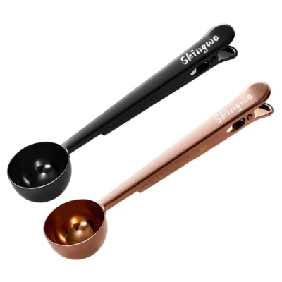 Immagine di cucchiaio da caffè con clip per sacchetto, morsetti sigillati, multifunzione latte in polvere, cucchiaino 20 ml (nero+oro rosa)