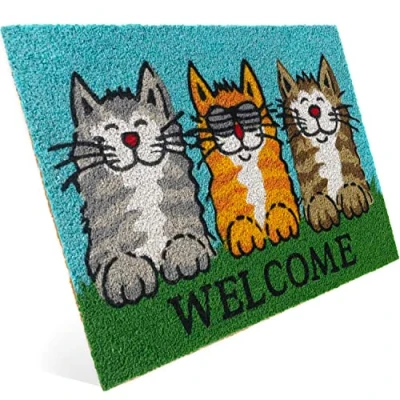 Immagine di Entrando Zerbino in cocco sorridente gatto &amp; Welcome per la porta di casa, interno, esterno, robusto, resistente alle intemperie, antiscivolo, anche come decorazione porta, regalo inaugurazione