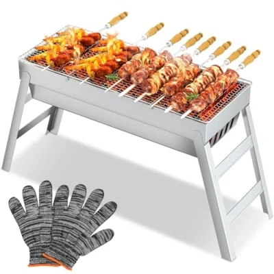 Immagine di CIRULLI barbecue a carbonella portatile in acciaio inox, compatto, pieghevole, per campeggio, giardino e balcone, esterni, da campeggio (44 x 20 36 cm)
