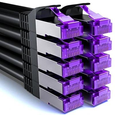 Immagine di deleyCON 10x 0,25m CAT7 Cavo di Rete 10 Gigabit Corto 25cm Patch RJ45 Ethernet (Rame, Schermatura SFTP PiMF) LAN DSL Interruttore Modem Router Pannello CAT6 CAT5 Nero
