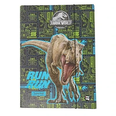 Immagine di Robusta scatola per bambini, raccoglitore cartelle scolastiche, con elastico e alette interne DIN A4, ragazzi (dinosauri Jurassic)