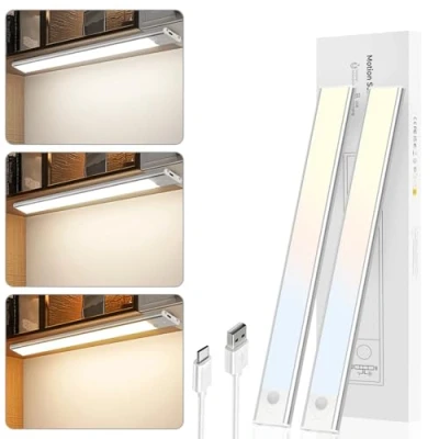 Immagine di Luce Armadio LED con Sensore Movimento, Barra Sottopensile Dimmerabile Ricaricabile USB C, Batteria 2200mAh, 3 Colori (3000K/4000K/6500K), Magnetica, per Cucina, Scale, Camere, 2 Pezzi 41cm