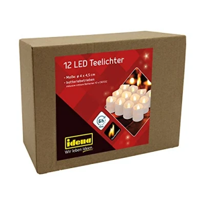 Immagine di Idena 30469 LED tea lights, 12 pezzi, candele elettriche con luce tremolante, batterie incluse, funzione timer 6 ore, altezza circa 4,5 cm, decorazione per matrimonio, festa, come d&#039;atmosfera