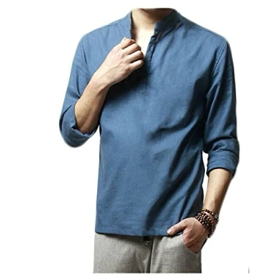 Immagine di HOEREV Uomini di Marca Casual Maniche Lunghe Lino CotoneCamicie Beach,Blu,x Large