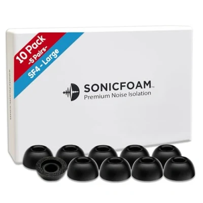 Immagine di SONICFOAM Cuscinetti per auricolari in Memory Foam Isolamento Acustico Premium, Punte di Ricambio Schiuma, Confezione da 10 ear (SF4 Grande, Nero)