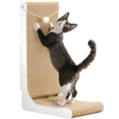 Immagine di Gimars L Shape 68cm Cat Scratcher, Scratching Board with Plush &amp; Catnip Balls, Large Size Cardboard Scratcher Wall Mounted, Toys for Protecting Furniture