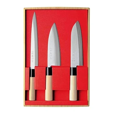Immagine di Set 3 Coltelli Giapponesi SekiRyu Sashimi, Santoku &amp; Deba SR801 Lama Acciaio Inox