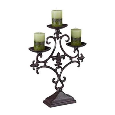 Immagine di Relaxdays Portacandele Antico, Candeliere a 3 Bracci, Candelabro Esterno, Centrotavola, 28,5x23x7,5 cm, Ghisa, Marrone