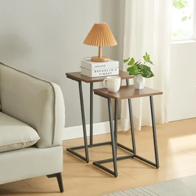 Immagine di [en.casa] Set di 2 Tavolini Sovrapponibili Salvaspazio da Divano con Piano Rettangolare caffè in Misure Diverse Nero/Effetto Noce
