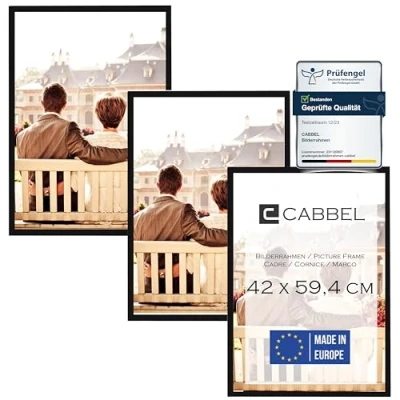 Immagine di CABBEL Confezione da Tre (3 Pezzi) cornici 42x59,4 cm in Legno MDF Nero con Vetro Plexi infrangibile/Moderno