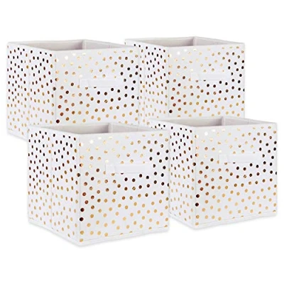 Immagine di DII Set di 4 contenitori Pieghevoli in Tessuto Non Tessuto, a Pois, 28 x cm, Colore Bianco con Pois Dorati