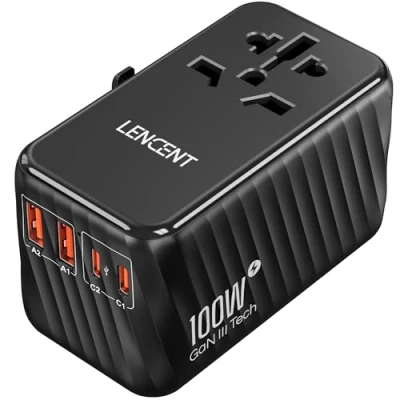 Immagine di LENCENT GaN 100W Adattatore Universale da Viaggio, Viaggio con 2 QC 4.0 USB A e PD 3.0 C per Telefono, Tablet Notebook, Spina Italia Inghilterra Germania America Australia