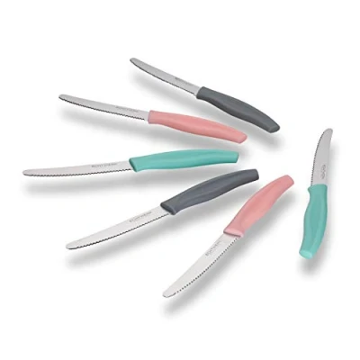 Immagine di ECHTWERK Set di 6 coltelli da pane (acciaio inox con bordo seghettato, manico in plastica, 2 rosa, grigi e turchesi)