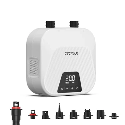 Immagine di CYCPLUS Pompa d&#039;Aria SUP Smart da 20 PSI, con Batteria Ricaricabile, Gonfiaggio e Sgonfiaggio Intelligente, Arresto Automatico. Ideale per Stand Up Paddle Boards, Aquiloni, Tende, Materassi (Bianco)