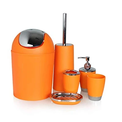 Immagine di Set di accessori da bagno 6 pezzi, con bicchiere, porta spazzolini, cestino, portasapone, dispenser sapone, colore arancione