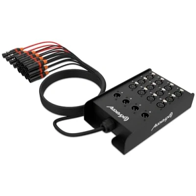 Immagine di Audibax Snake 12 Ingressi e 4 Uscite Stagebox di Box ad Alte Prestazioni 15 Metri Cavo Incluso Cavi Ingresso Neri Uscita Rossi Multicore