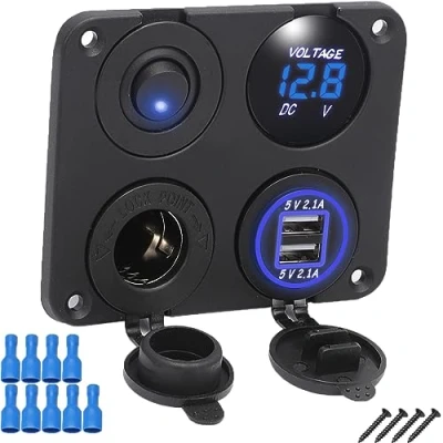 Immagine di FanPaYY 4 in 1 pannello interruttori per auto, doppio caricatore USB, voltmetro a blu, presa accendisigari, interruttore bilanciere ON/Off barca, camion