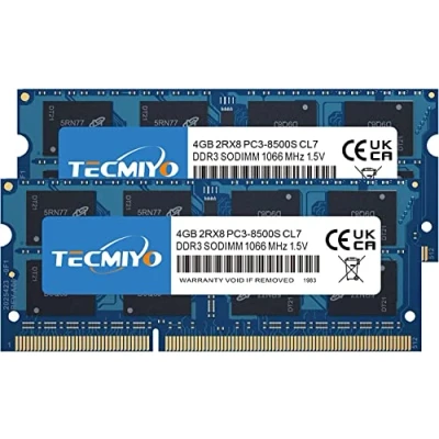 Immagine di TECMIYO 8GB Kit (2X4GB) PC3 8500 DDR3 1066MHz SODIMM RAM Modules 8500S 2RX8 1.5V CL7 Non ECC Unbuffered 204 Pin Memory