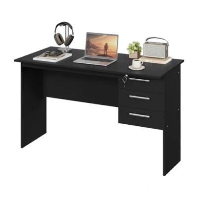 Immagine di WOLTU Scrivania con 3 Cassetti, 120x60x75cm, Tavolo da Lavoro, per Computer, Porta PC in Legno, Noir， TS59sz