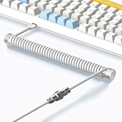 Immagine di MAMBASNAKE Cavo a Spirale Tastiera Custom e Metal Aviator Cable Winder Set Asta Fissa per Aviatore Cavi + TPU Coiled USB C con Connettore Aviazione Metallo Gaming Keyboar/Gamers Bianco
