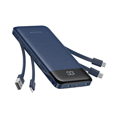 Immagine di Charmast batteria esterna da 10000 mAh con 4 cavi integrati, portatile USB C sottile Power Bank 6 uscite e 3 ingressi per iPhone 12 13 11 Samsung S21 S22(blu)