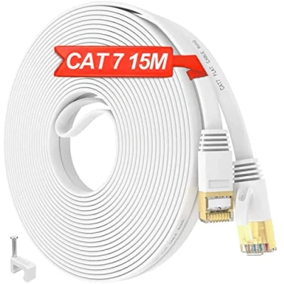Immagine di Cavo Ethernet 15 metri, Cat 7 Piatto di Rete metri Lan Bianco, RJ45 Internet Alta Velocità 15m Gigabit 10Gbps 600MHz STP Compatibile con Cat6 Cat5e Cat5, per Router Switch (15 Clips)