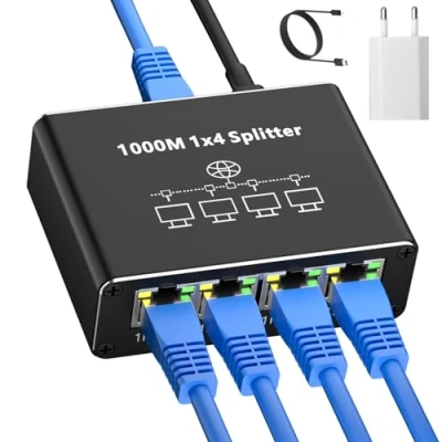 Immagine di AOUZEA Switch Ethernet 4 Porte 1000Mbps LAN RJ45 1 a Sdoppiatore Gigabit Con cavo di Alimentazione USB C e Spina Splitter per Computer, HUB, Switch, Set top box, TV altro