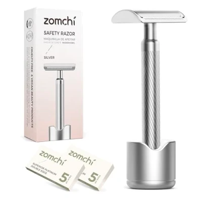 Immagine di ZOMCHI Rasoio di sicurezza Double Edge per uomo e donna, in metallo premium con 10 lamette Edge, supporto Argento nobile