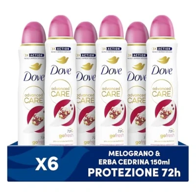 Immagine di Dove Deodorante Spray Advanced Care Go Fresh Melograno, con Formula Idratante e Delicata sulla Pelle, Senza Alcol, Pelle Asciutta Fino a 72 Ore, Uomo Donna, 6 Pezzi da 150ml